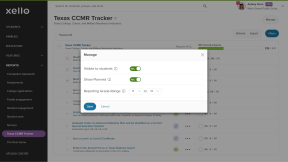 The 'Manage' modal is open with the options to toggle 'Visible to students' and 'Show Planned'. There is also the option to select a reporting grade range.